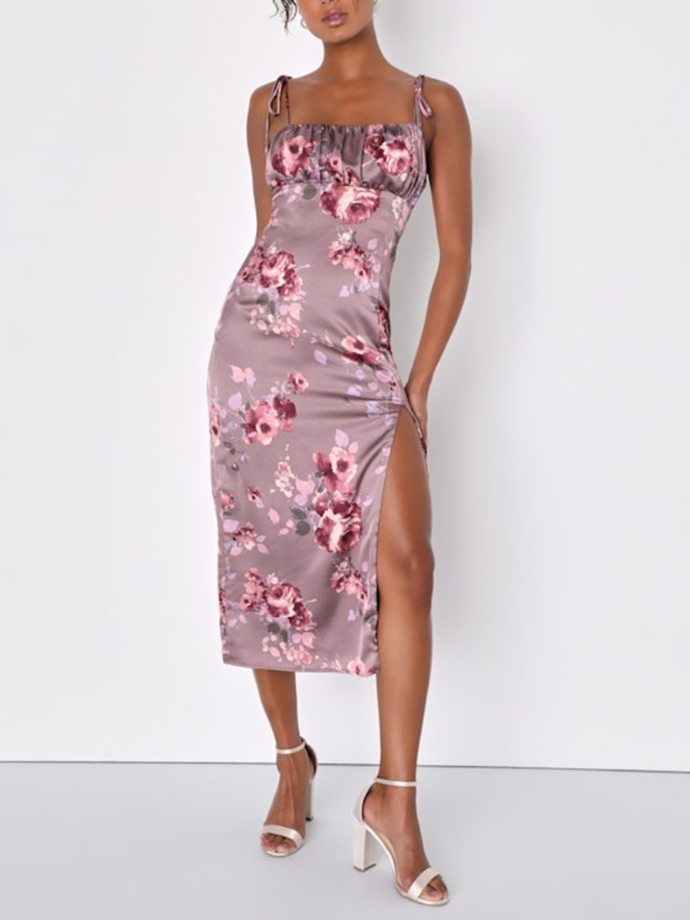 Lulus Fleur-ty Behavior Mauve Floral Satin Tie-strap Midi Dress Purple - Size XS